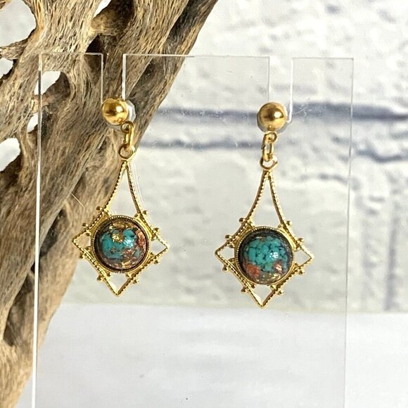 Vintage Rainbow Flake Turquoise 18 KT Gold Plated Dangle Earrings - Picture 1 of 6